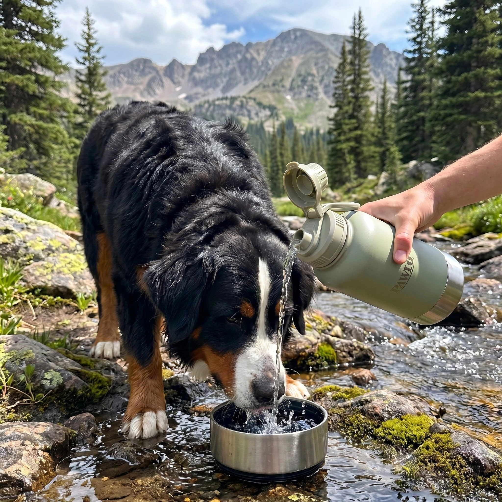 Pouring water from a sage PAWLO bottle into its bowl for a Bernese mountain dog beside an alpine stream