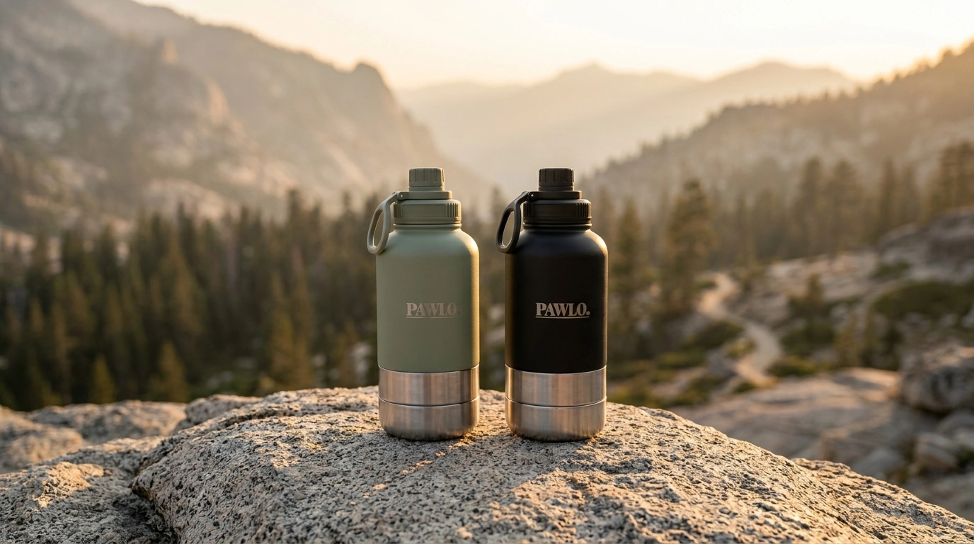 Sage and Ink Black PAWLO bottles together on a granite rock overlooking a mountain valley at golden hour