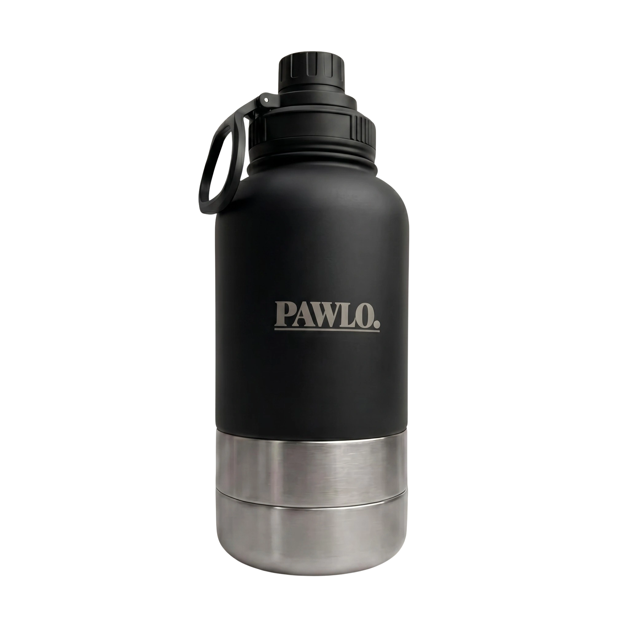 Ink Black PAWLO bottle with the cap closed and bowls attached, on a warm bone background