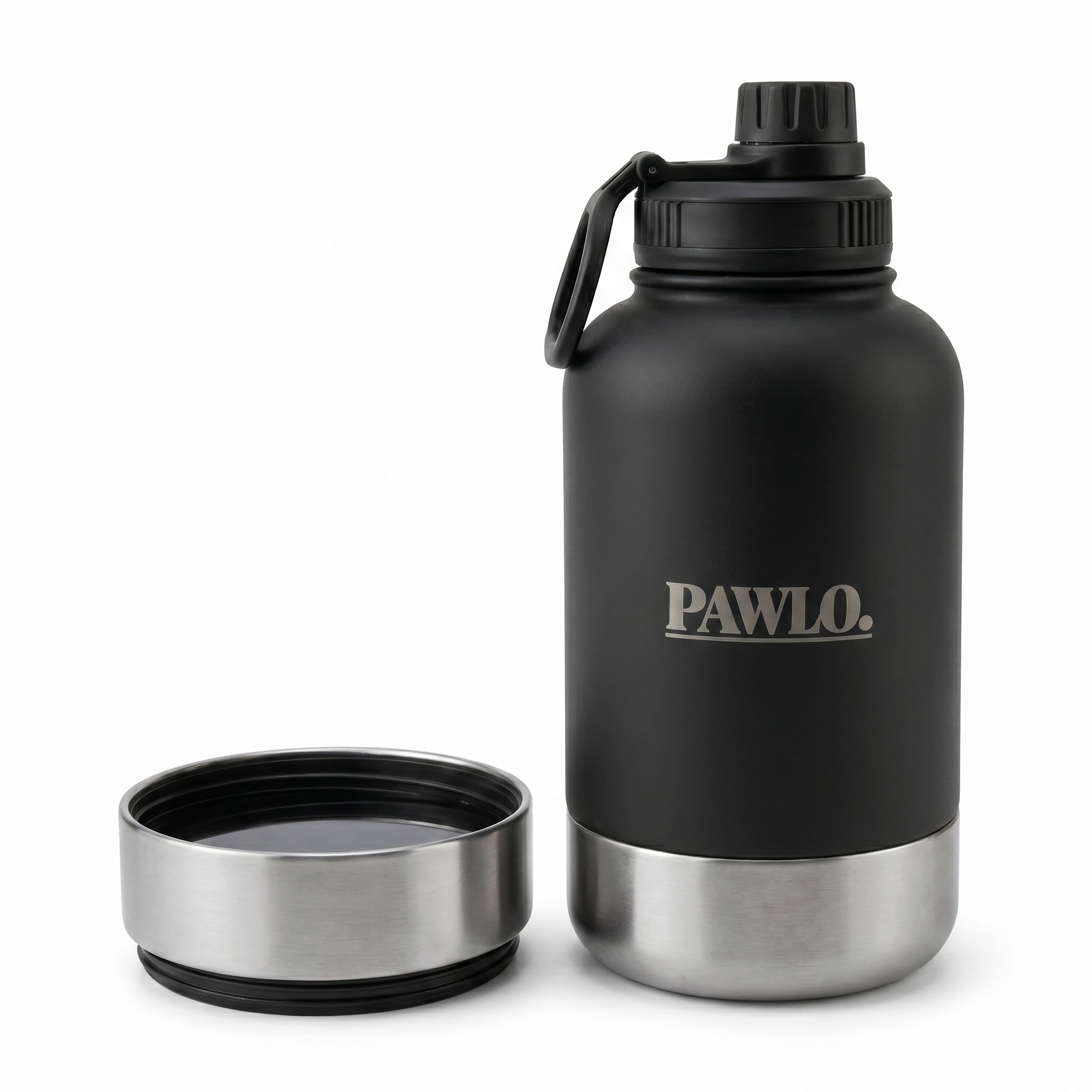 Ink Black PAWLO bottle with one bowl detached and the second attached, on a warm bone background